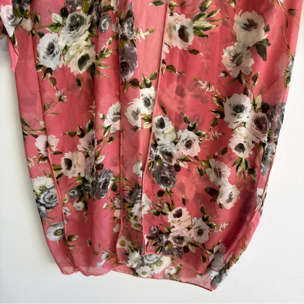 kimono Sheer cardigan tie sleeve open front vacation coral floral Resort size L - Picture 6 of 8